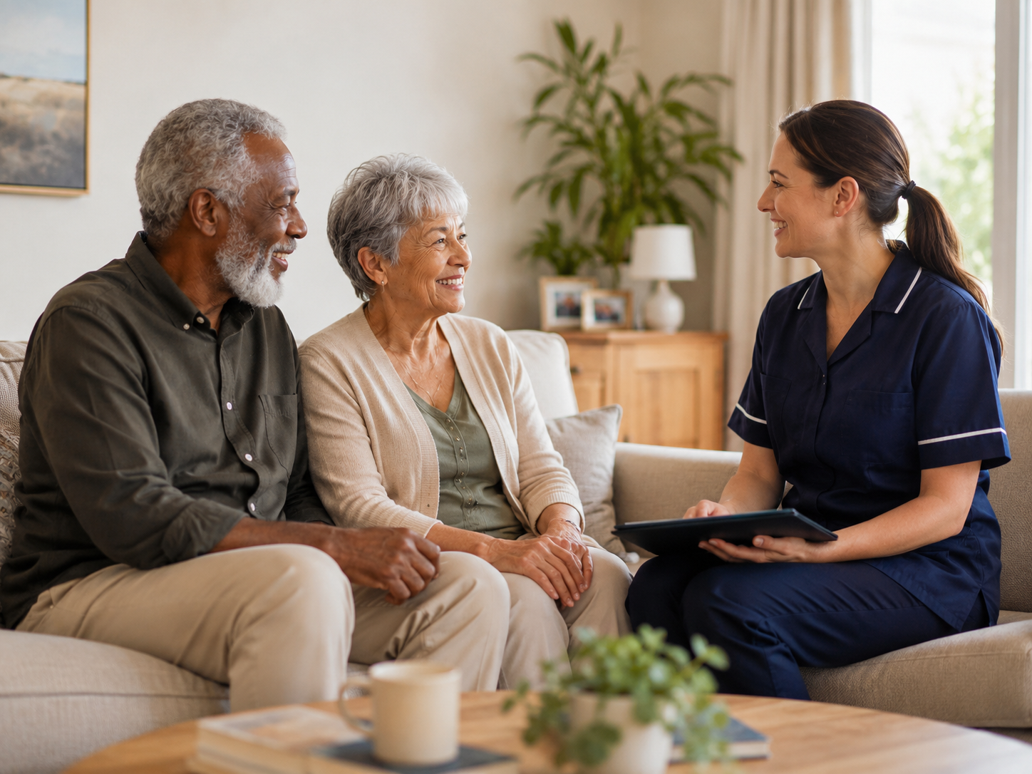 A Bluezone Care professional meeting with an older couple at home